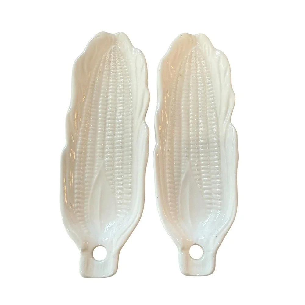 Vintage Pier 1 Japan White Ceramic Corn Dishes Set of 4 Corn Cob Serving Trays